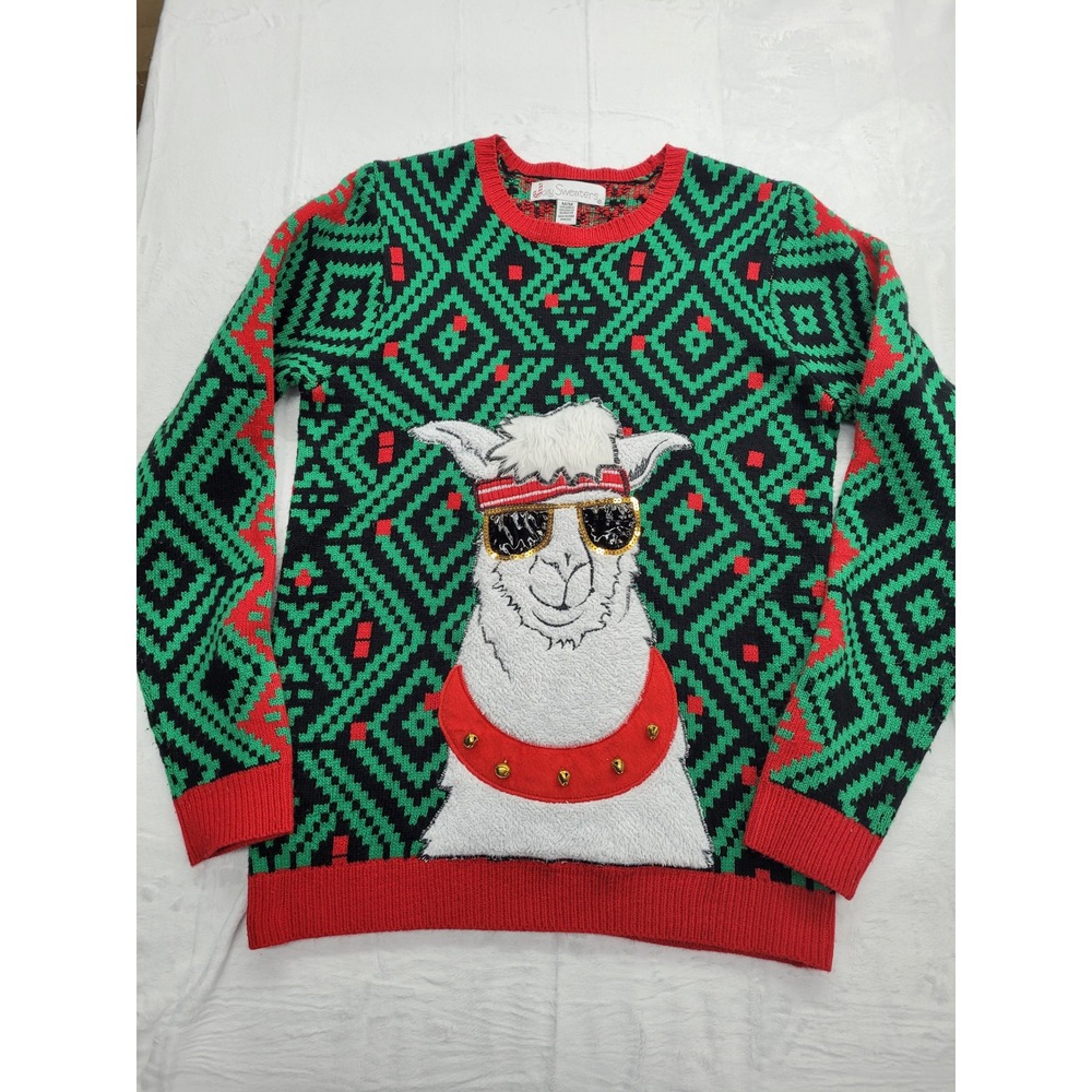 Jolly Sweaters Ugly Christmas Sweater Mens‎ Medium Green Red Llama 3D